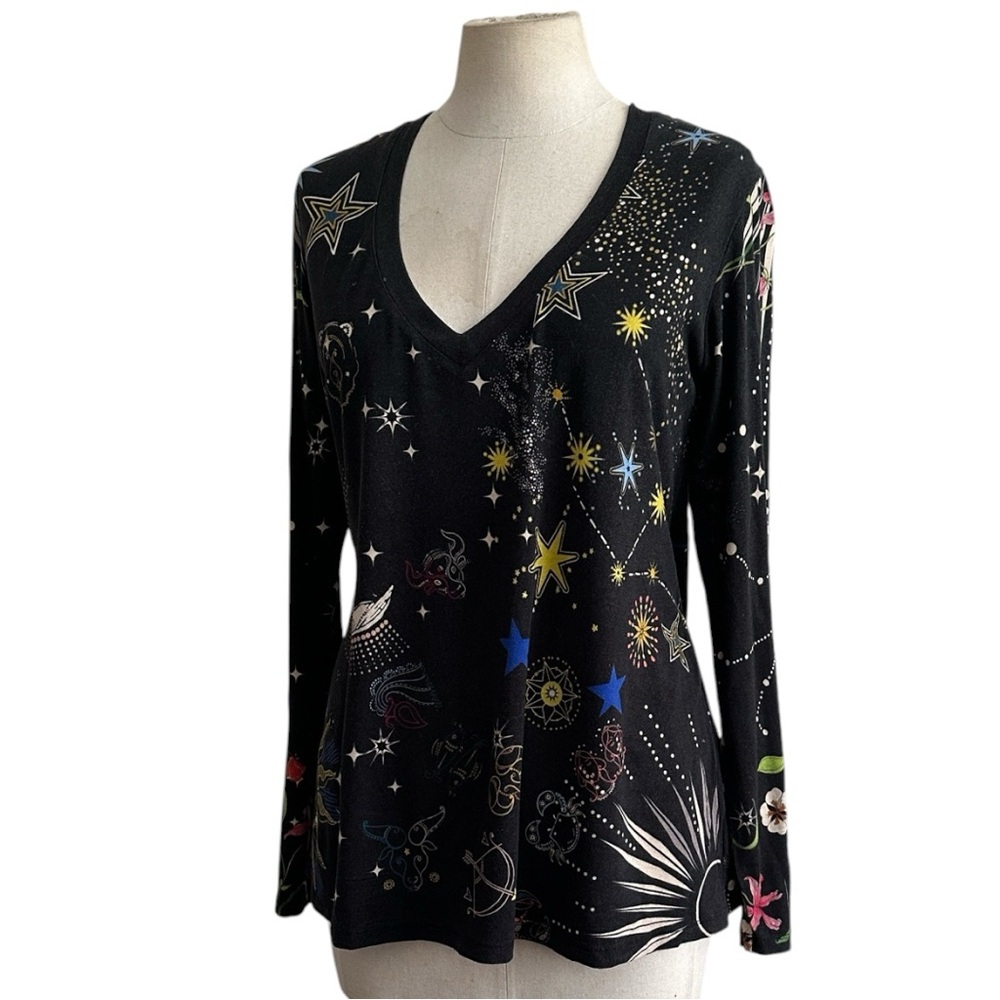 Black Celestial Print V-Neck Women's Top